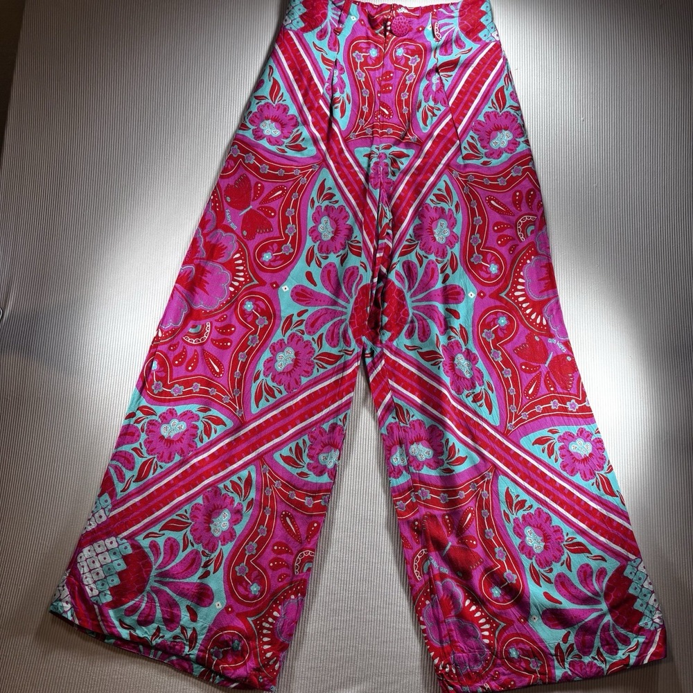Farm Rio Wide Leg Pants Pink/Green Zip Front Pleated Chic Floral Boho PP(XS)